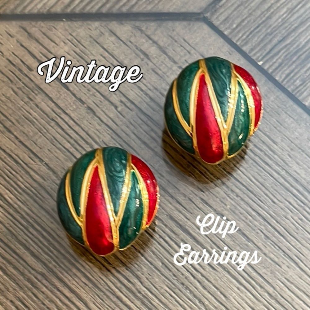 Vintage Burgundy & Teal Pearlized Enamel Clip Earrings